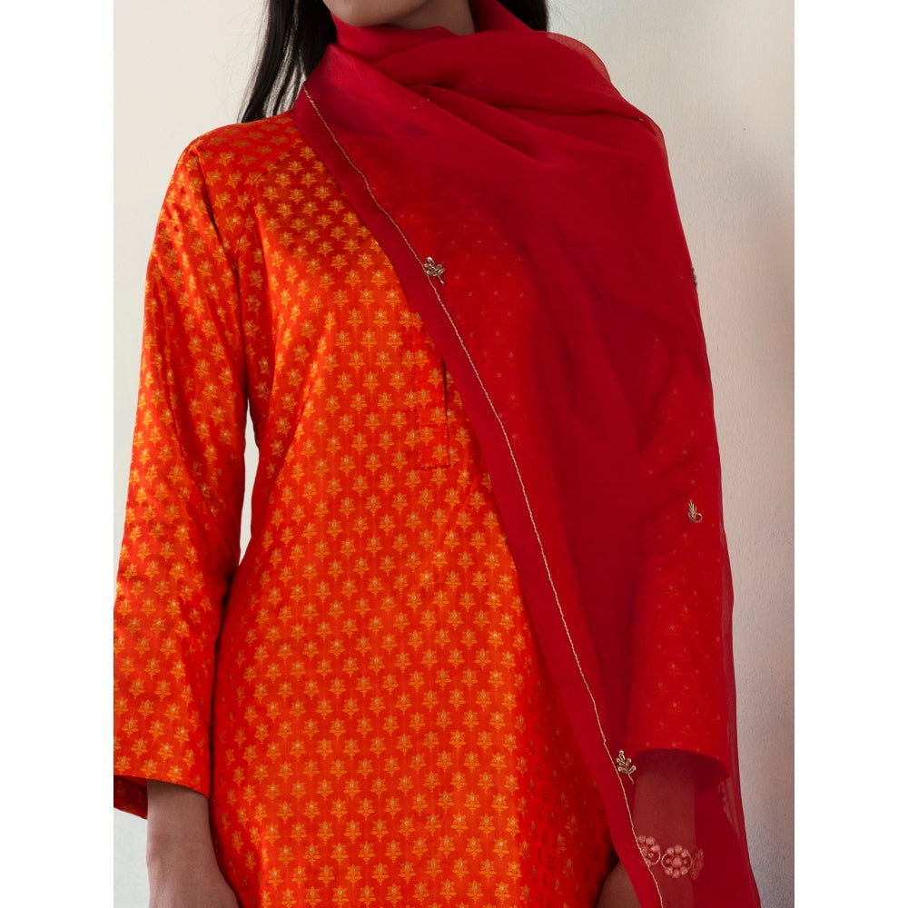 WeaverStory Najgul Orange & Red Banarasi Tanchoi Silk Kurta and Pants with Dupatta (Set of 3)