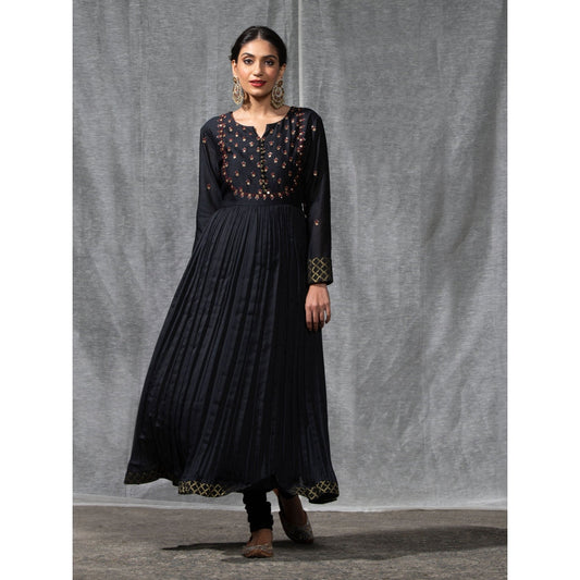WeaverStory Black Pleated Chanderi Silk Zardozi Kurta with Churidar and Dupatta (Set of 3)
