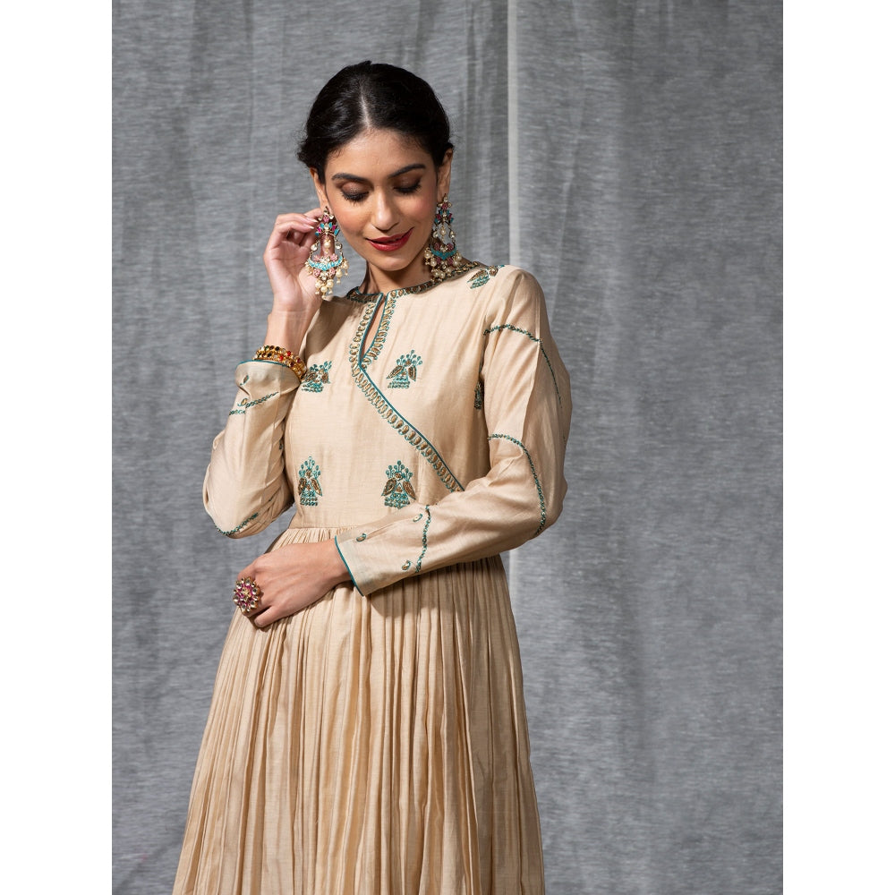 WeaverStory Beige Pleated Chanderi Silk Zardozi Kurta with Churidar and Dupatta (Set of 3)
