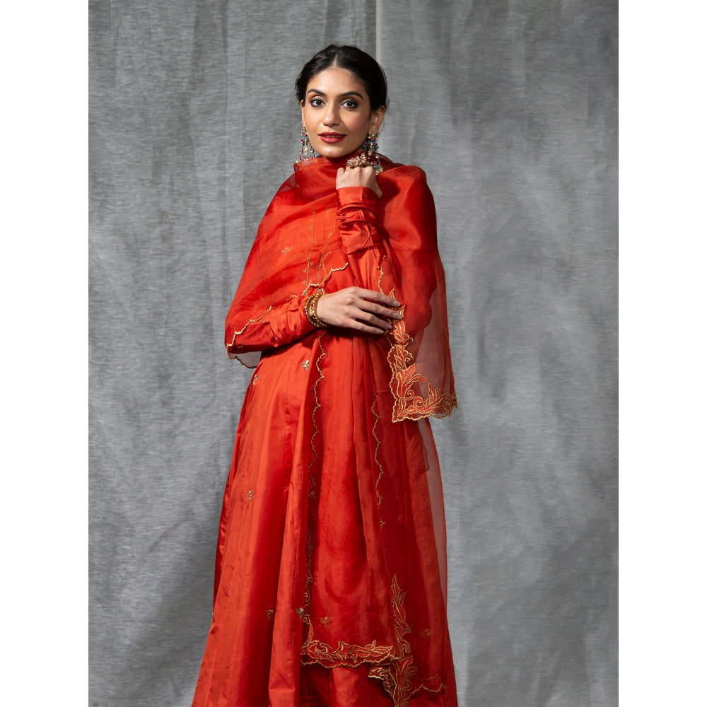 WeaverStory Rust Anarkali Chanderi Silk Zardozi Kurta with Pant and Dupatta (Set of 3)