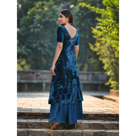 WeaverStory Teal Blue Silk Velvet Kurta with Hand Embroidered Zardozi and Sharara (Set of 2)