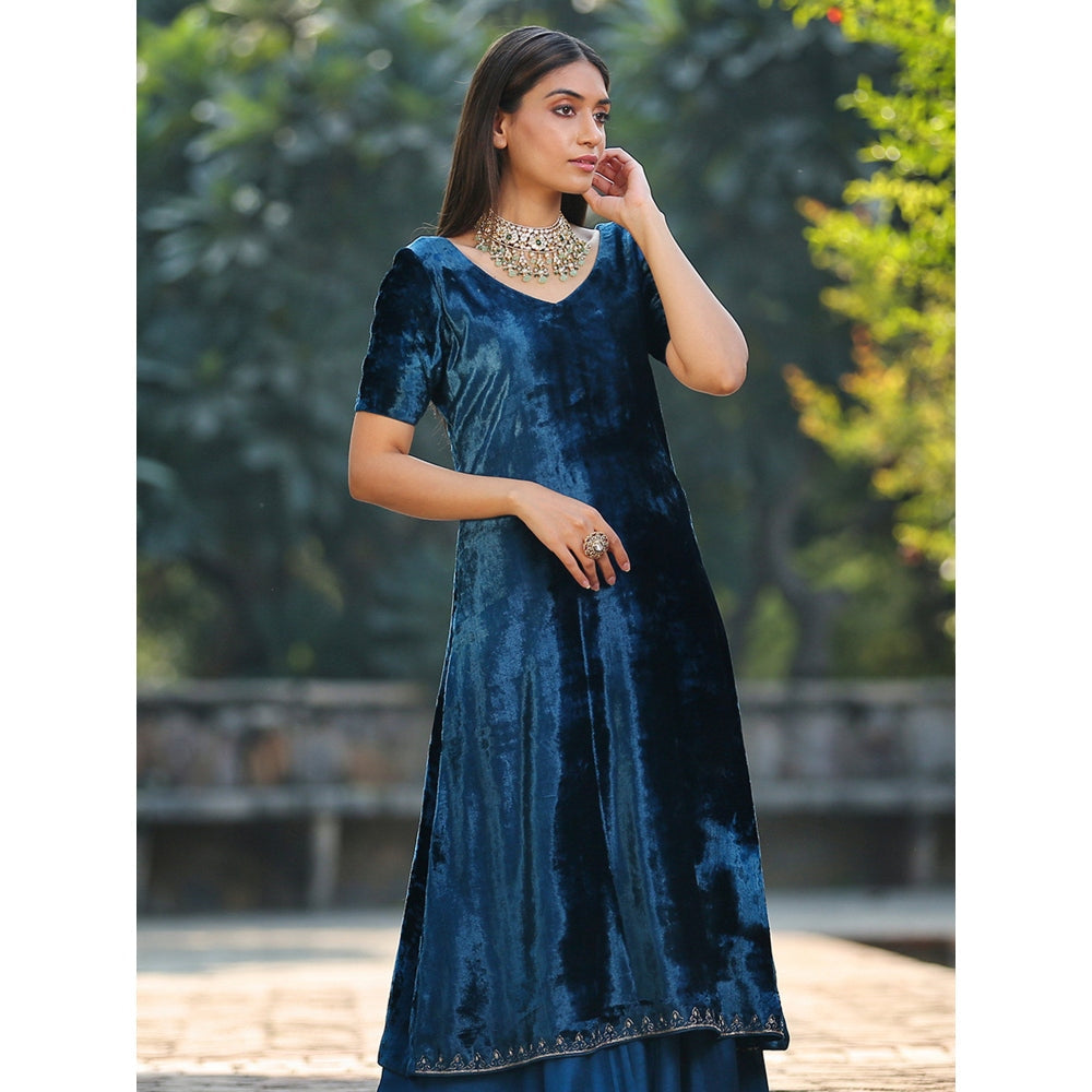 WeaverStory Teal Blue Silk Velvet Kurta with Hand Embroidered Zardozi and Sharara (Set of 2)