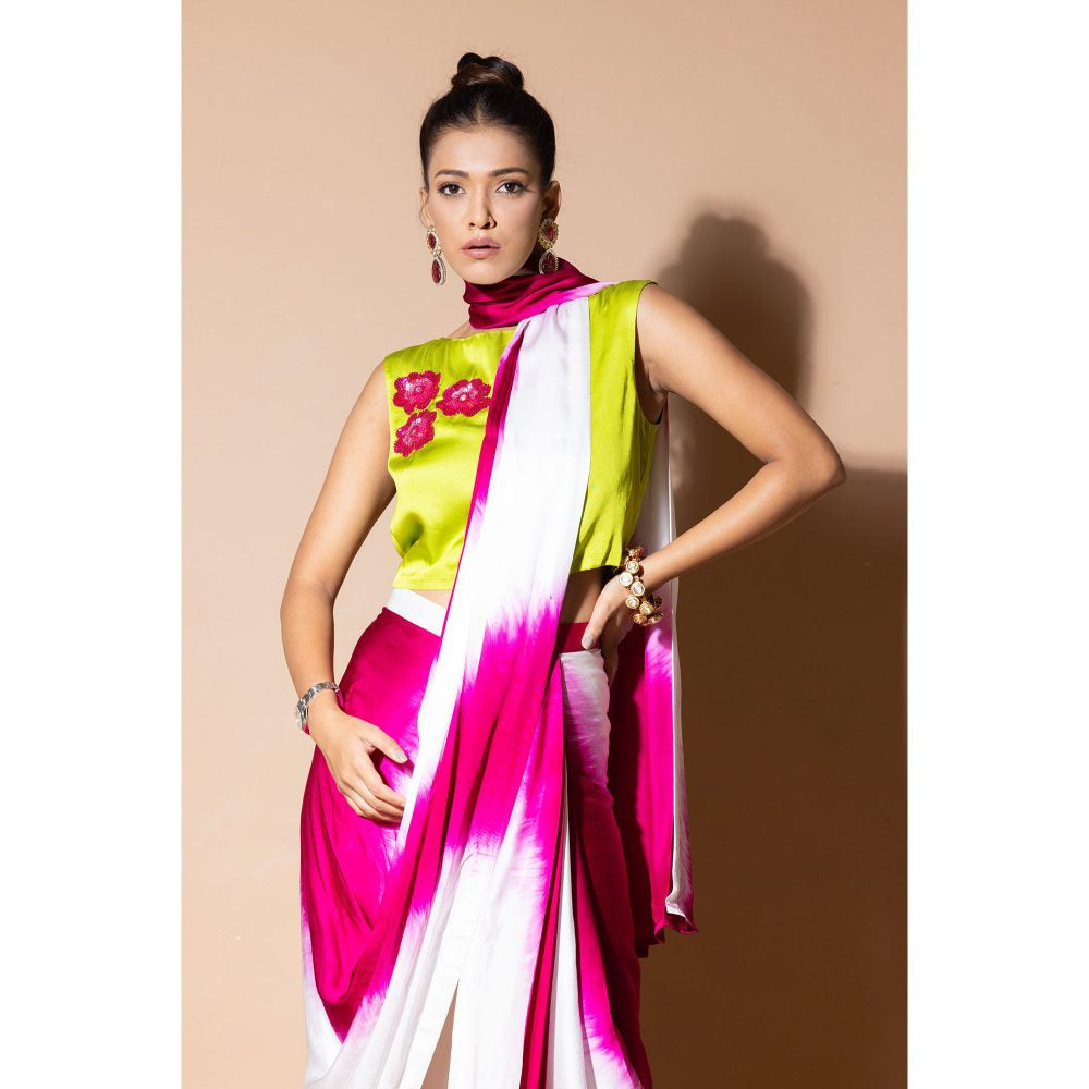 Zeefaa Lustrous Pre Draped Pink Saree with Stitched Blouse