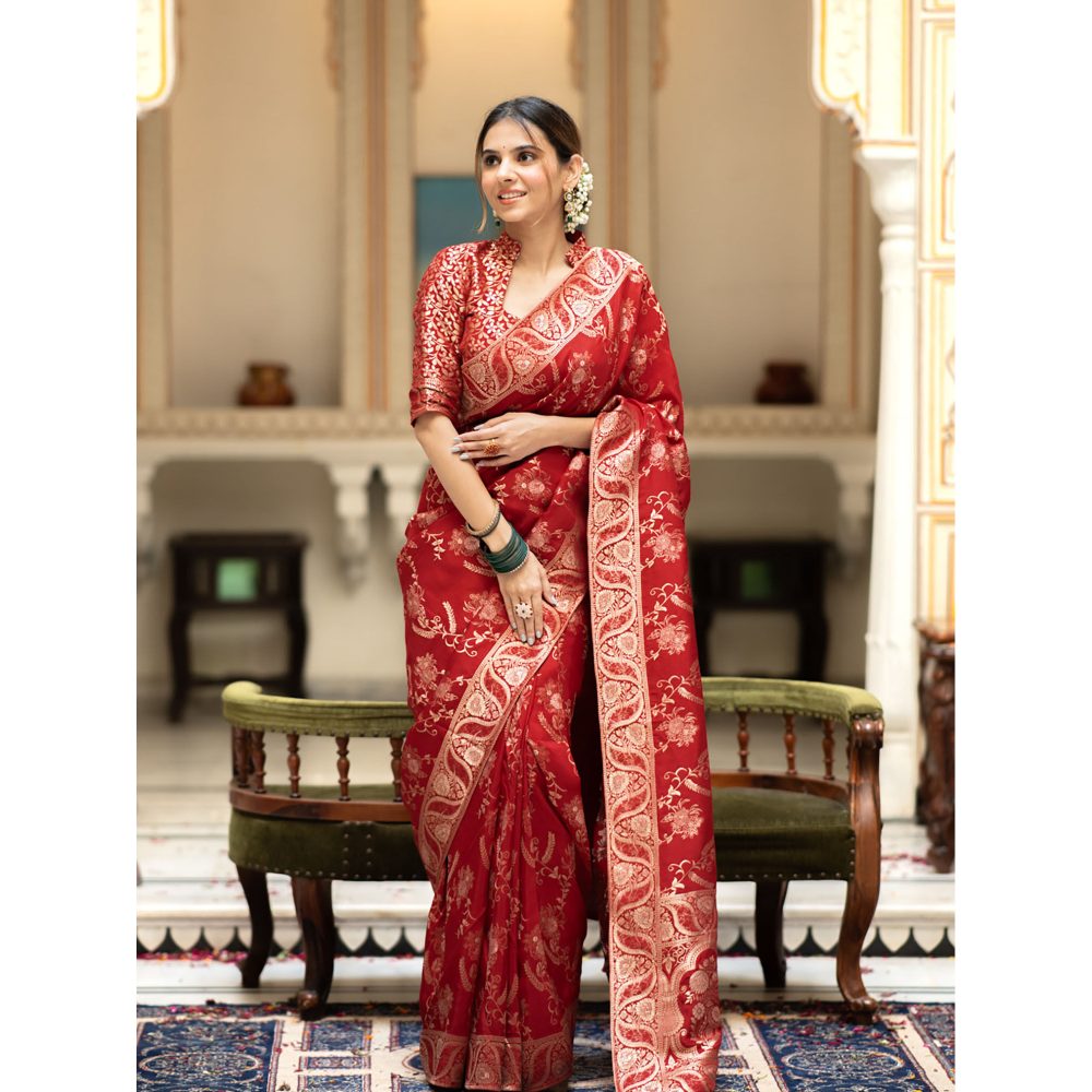Georgette Saree Red Silk Saree Blouse Designs ZILIKAA Scarlet Red Banarasi  Uppada Silk Saree With Unstitched