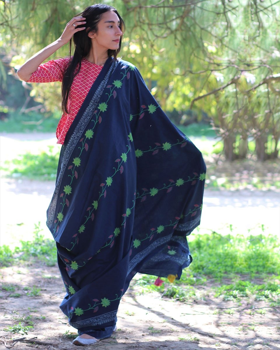 Blue blockprinted cotton mul saree