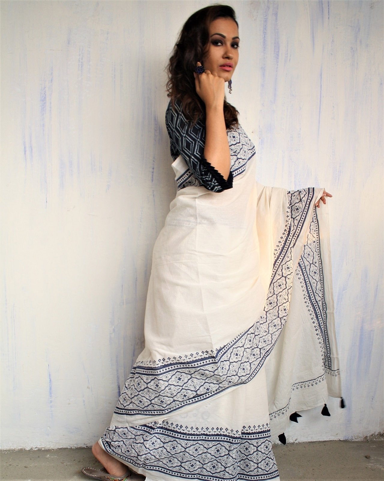 Ivory Blue Block Printed Cotton Mul Saree