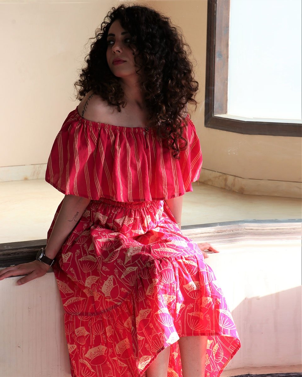 Rani pink blockprinted cotton off shoulder dress