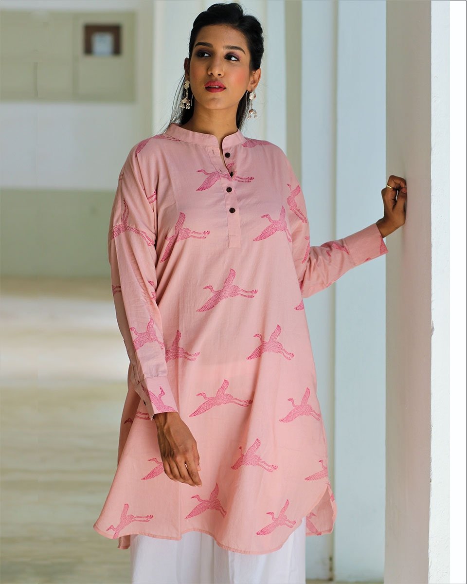 PINK HANDPRINTED COTTON KURTI