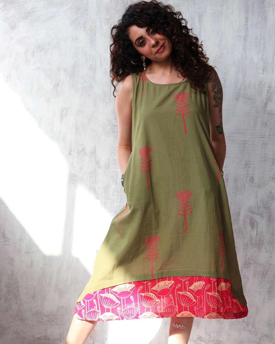 Olive blockprinted cotton sleevless dress