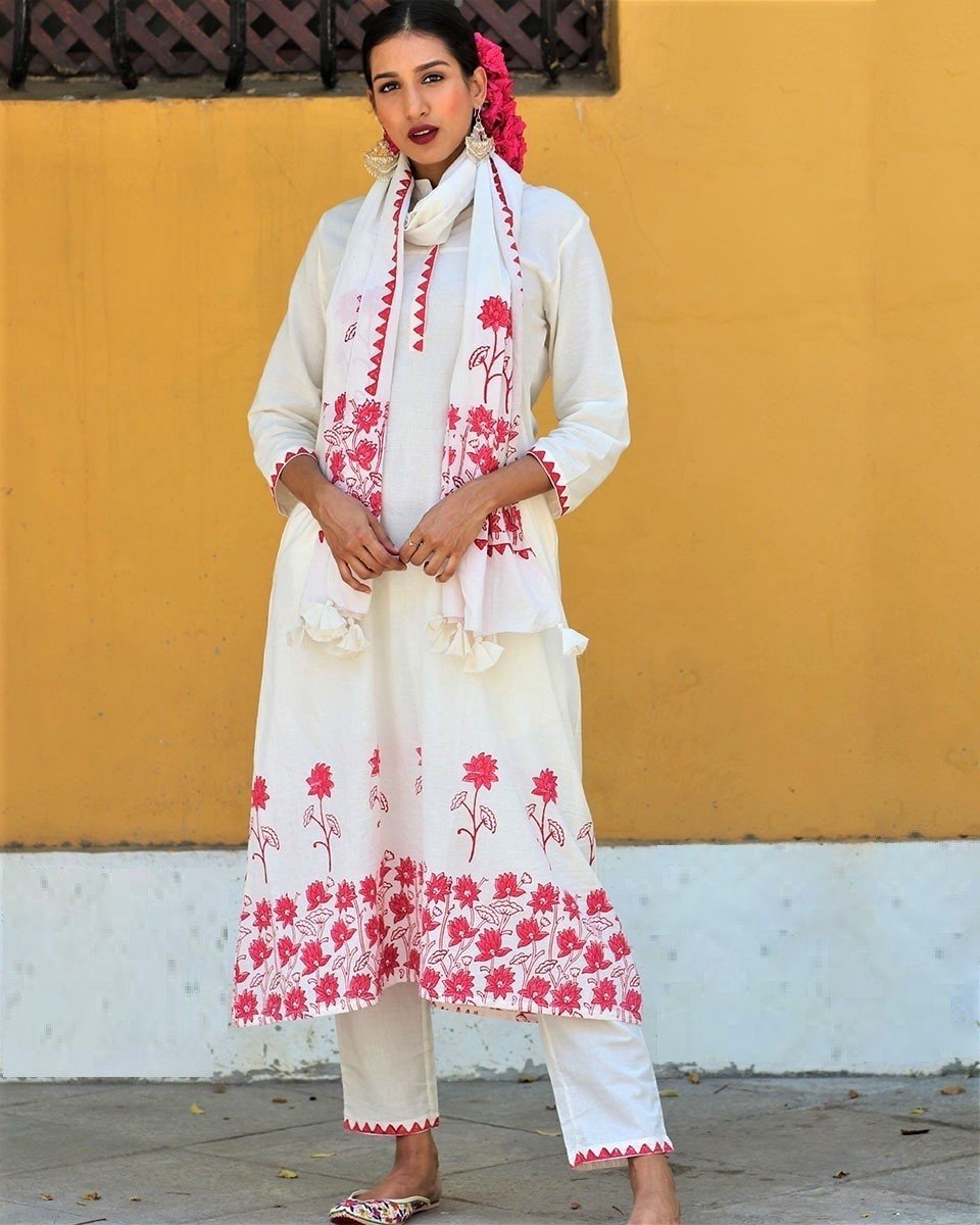Chidiyaa Ivory Cotton Kurta, Pant (Set of 2)
