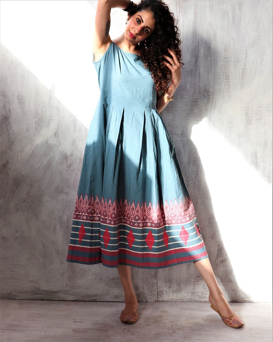 Steel Blue blockprinted cotton sleevless dress