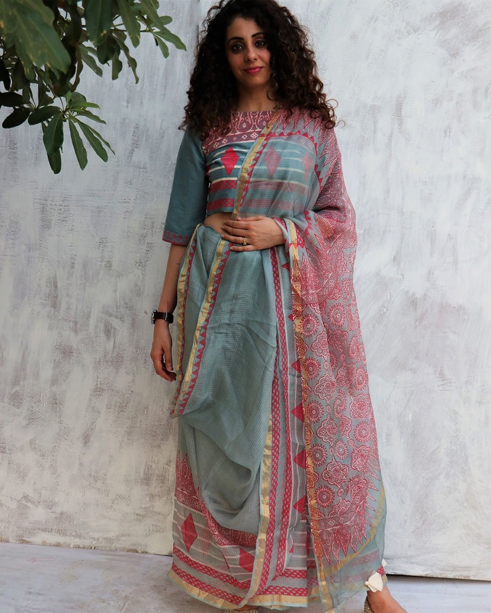 STEEL BLUE KOTA SILK BLOCKPRINTED SAREE