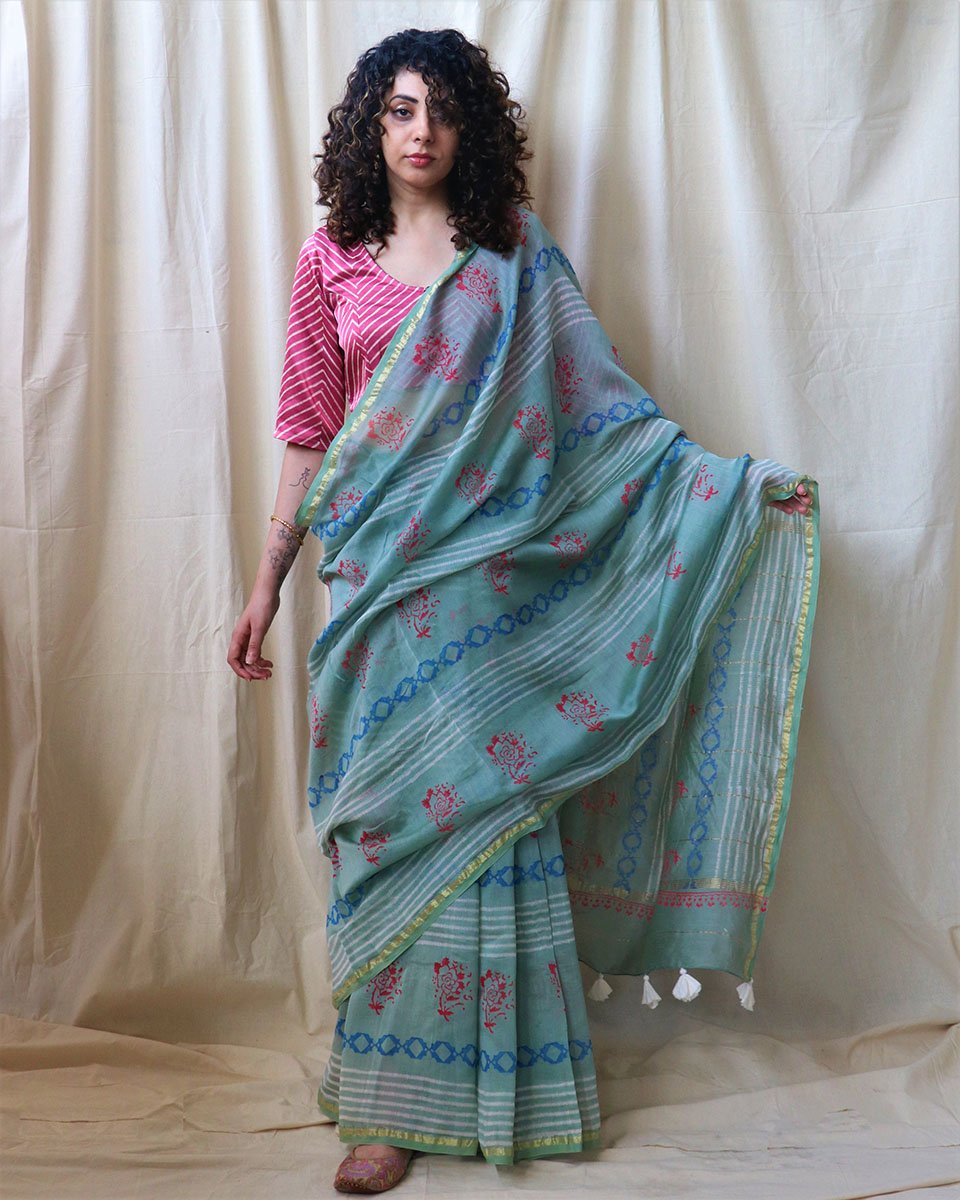 Chidiyaa Blue Chanderi Saree with Unstitched Blouse