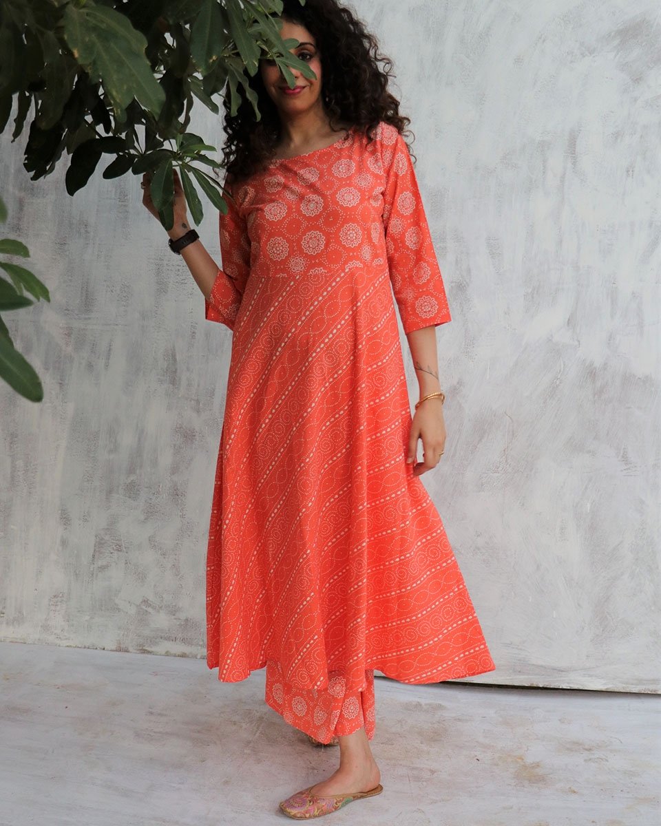 Coral blockprinted A-line Kurti