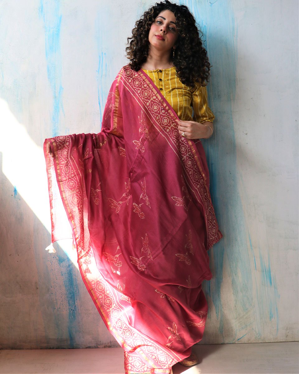 Chidiyaa Pink Cotton Saree with Unstitched Blouse