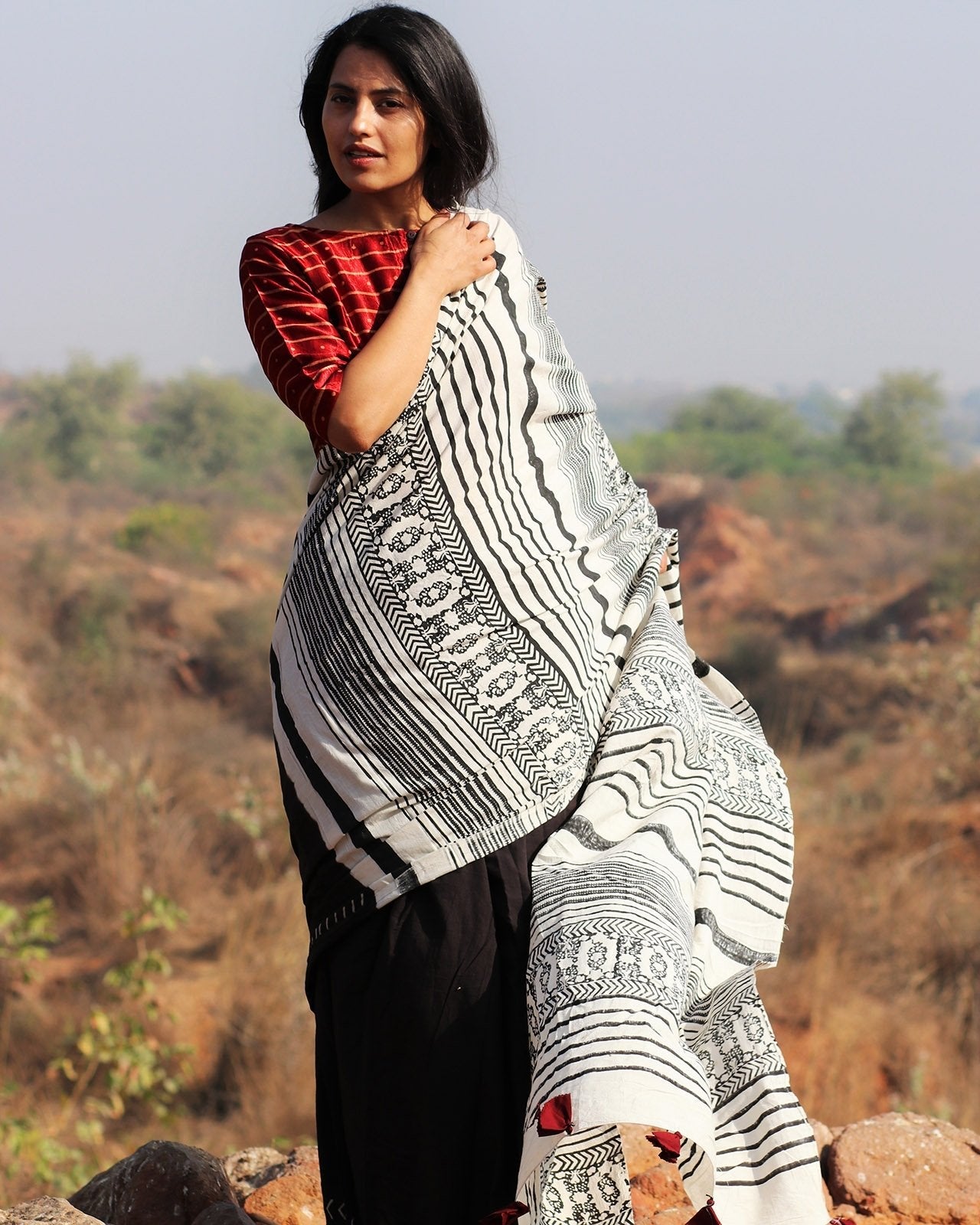 Monocrome Block Printed Cotton Mul Saree