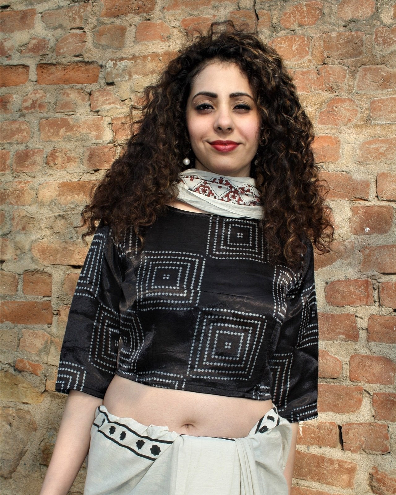 BLACK BLOCK PRINTED CROP TOP BLOUSE IN MASHRU SILK
