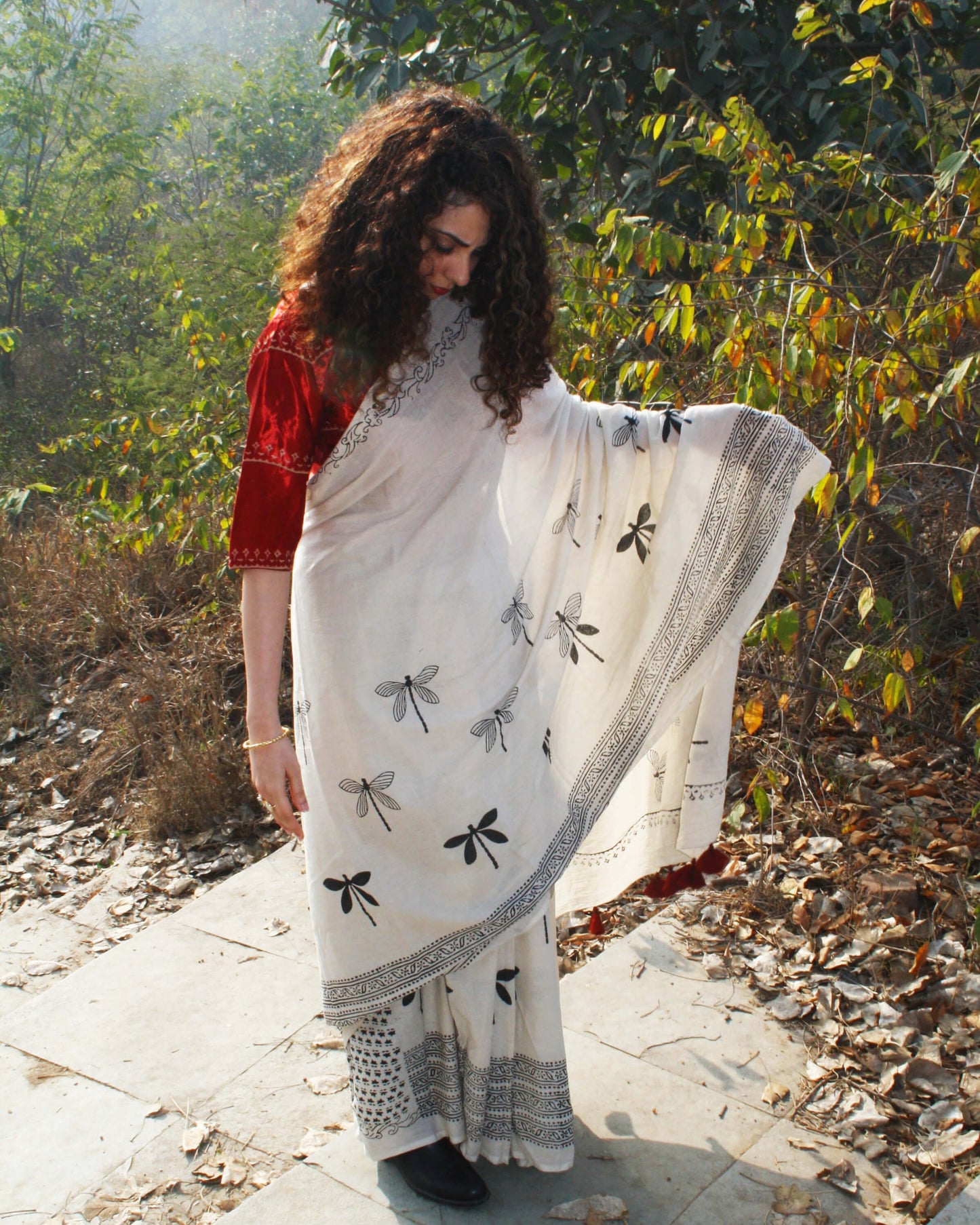 Ivory Dragonfly Block Printed Cotton Mul Saree