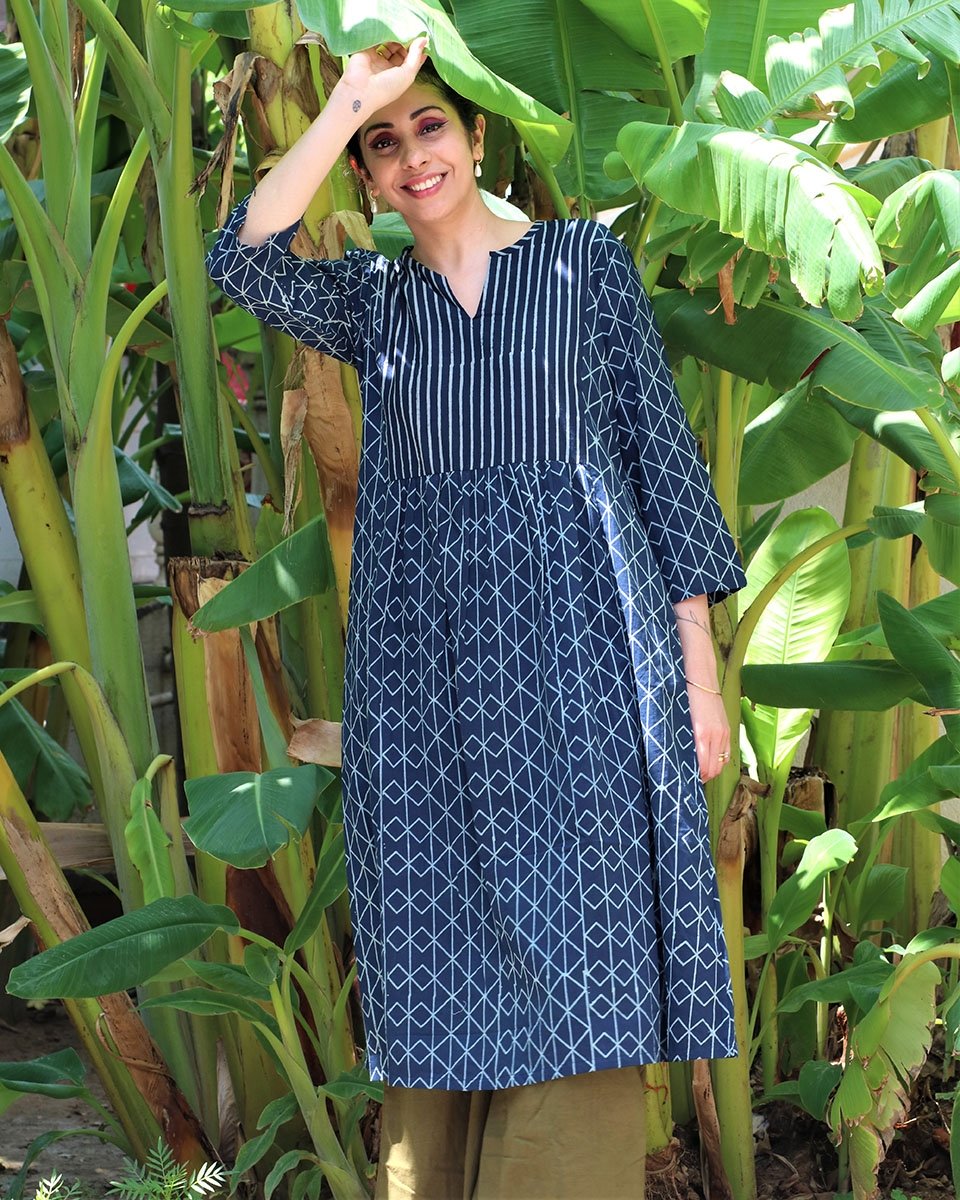 BLUE BLOCKPRINTED COTTON KURTA