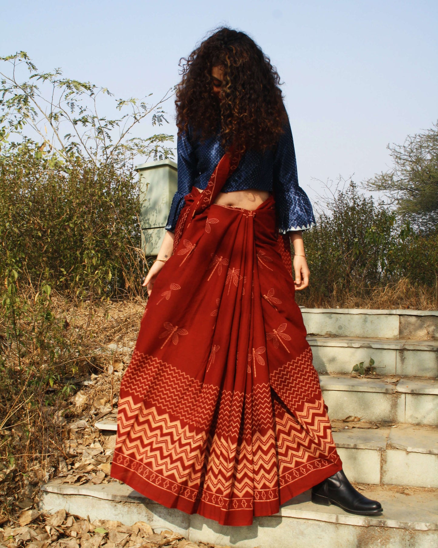Maroon Dragonfly Block Printed Cotton Mul Saree