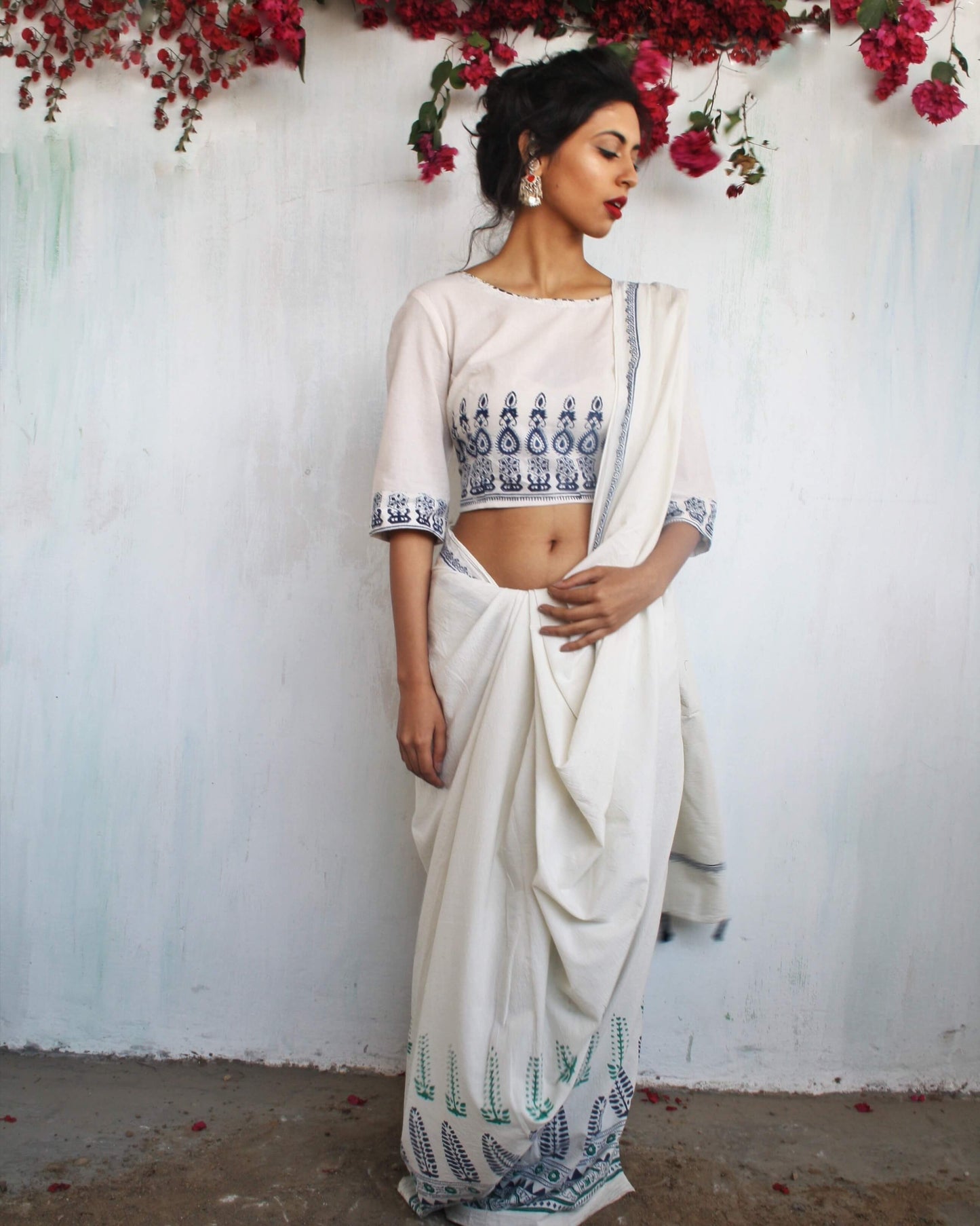 Ivory Blue-Green Block Printed Cotton Mul Saree