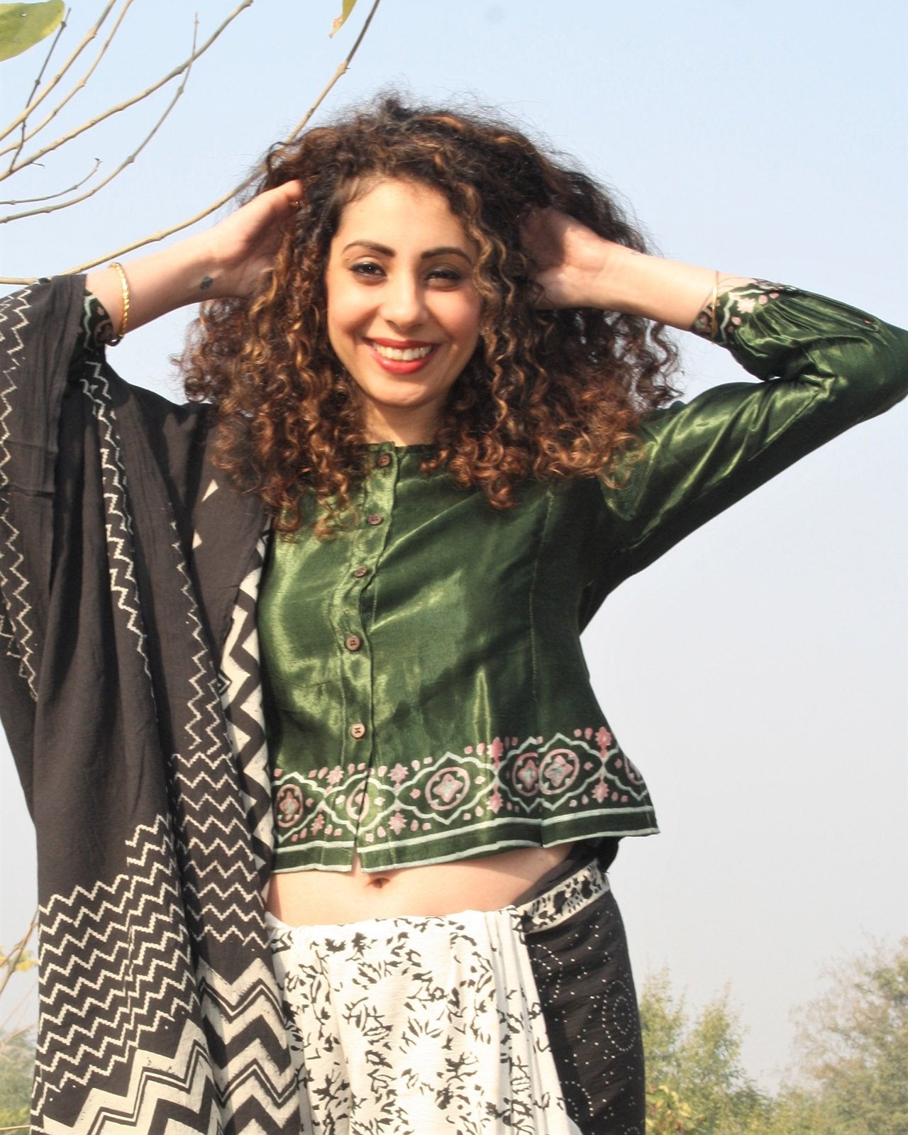GREEN BLOCK PRINTED CROP TOP BLOUSE IN MASHRU SILK