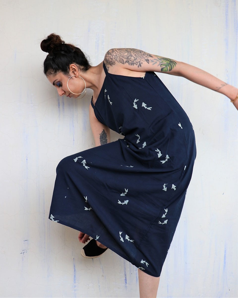 BLUE FISH BLOCKPRINTED COTTON DRESS