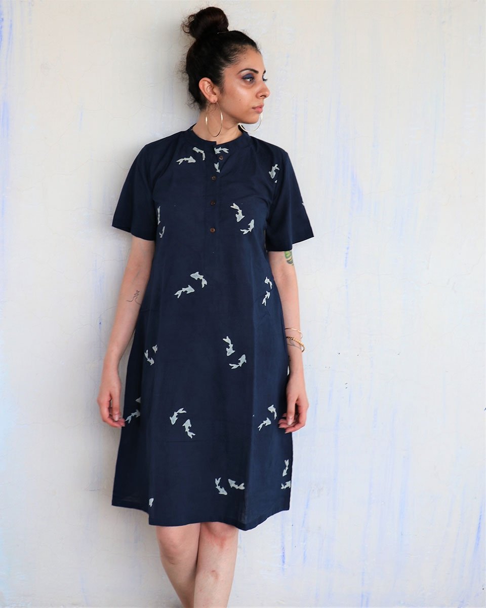 BLUE FISH BLOCKPRINTED COTTON SHIRT DRESS