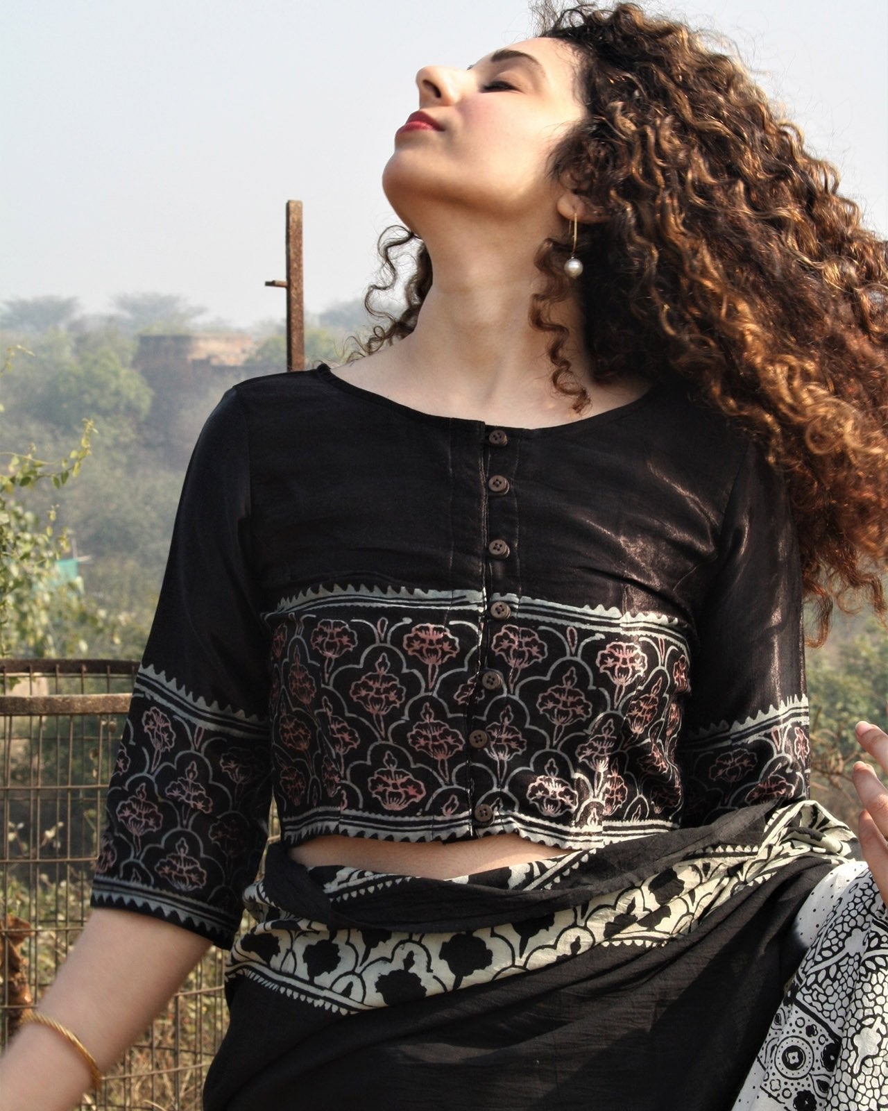 BLACK BLOCK PRINTED CROP TOP BLOUSE IN MASHRU SILK