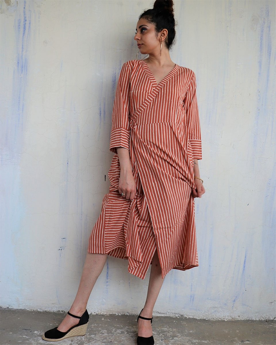 RUST STRIP WRAP DRESS