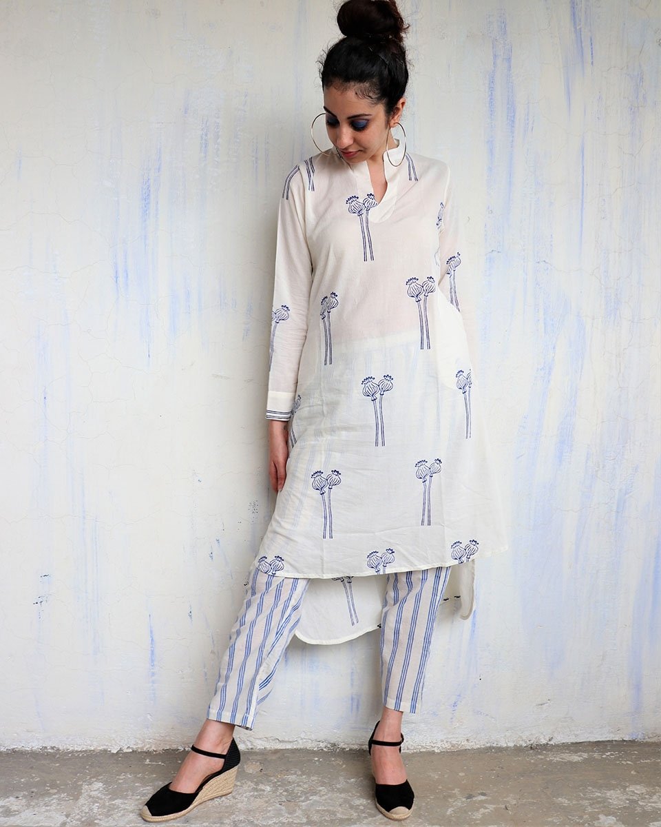WHITE BLUE POPY BLOCKPRINT DRESS