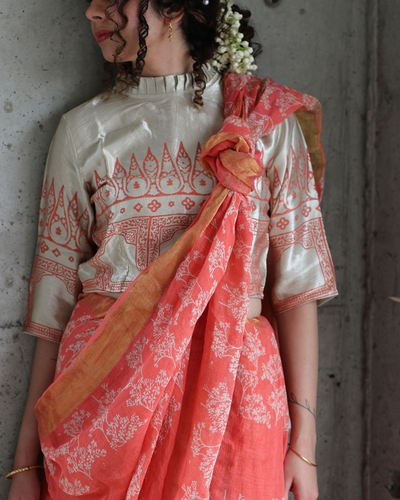 CORAL IVORY BACK CROP TOP BLOUSE WITH FRILL NECK IN MUSHRU SILK