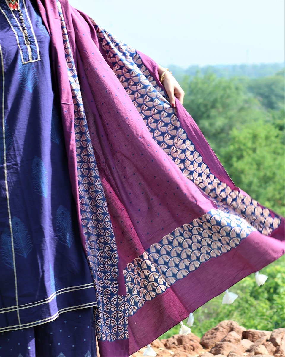 MAUVE MOR BLOCKPRINTED COTTON MUL DUPATTA