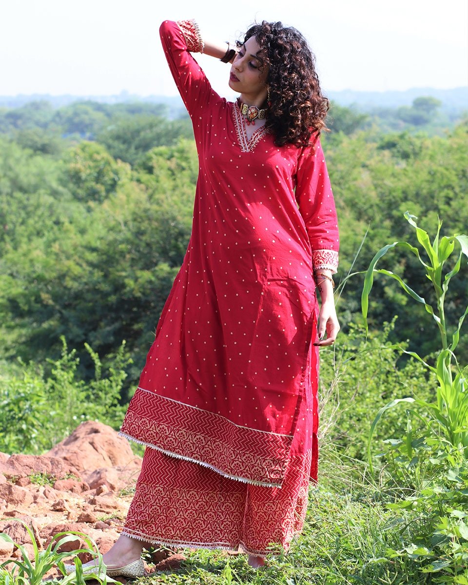 Chidiyaa Red Cotton Kurta