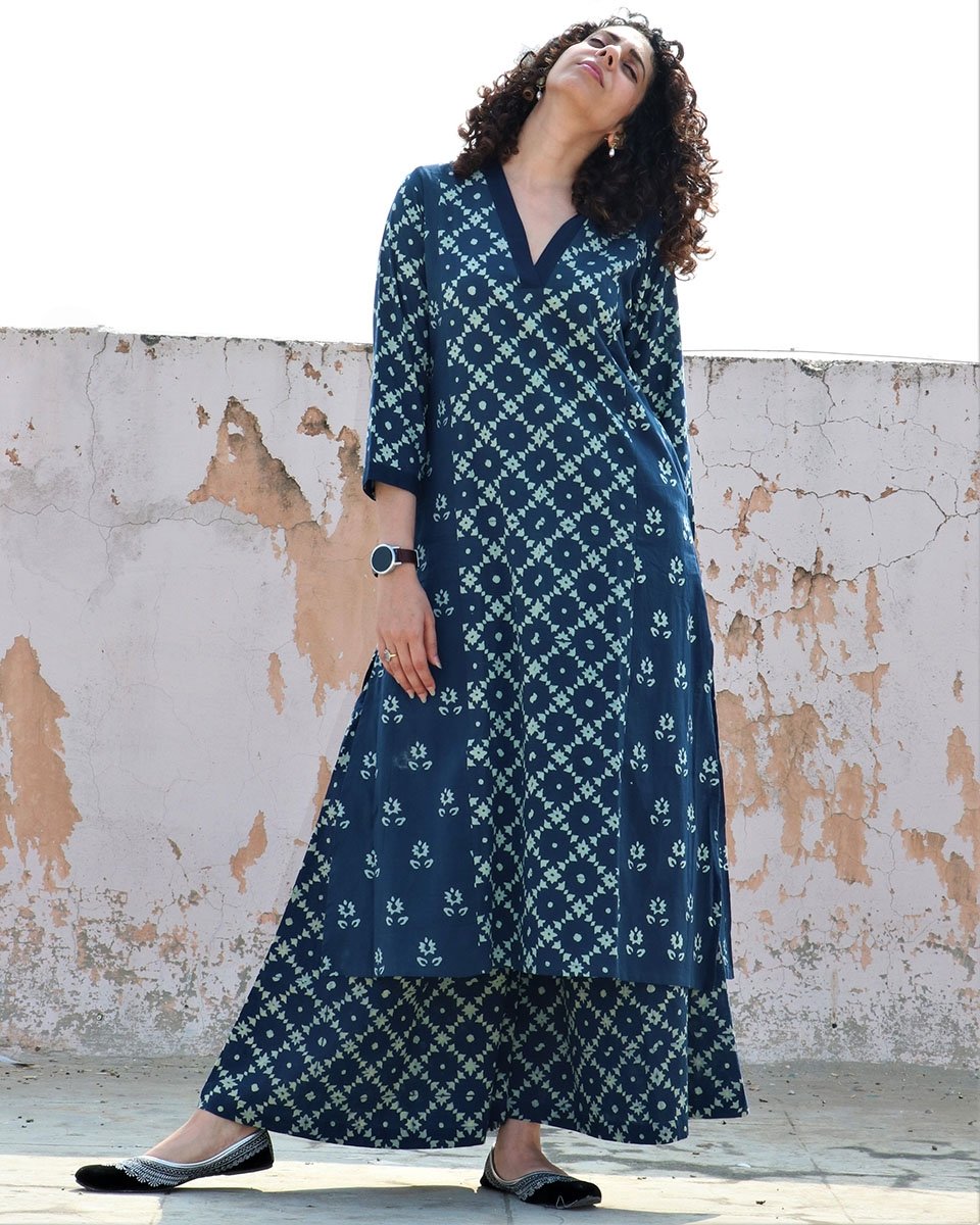 BLUE PANEL BLOCKPRINTED COTTON KURTI