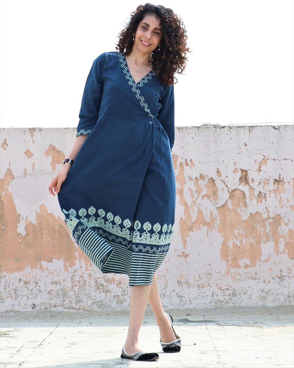 BLUE BLOCKPRINTED COTTON WRAP DRESS