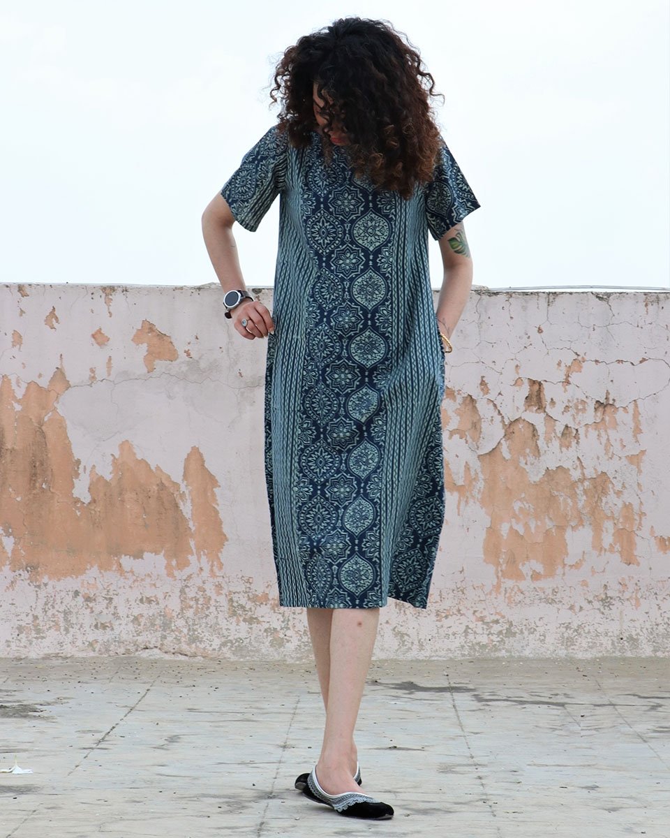 BLUE JAL BLOCKPRINTED COTTON DRESS