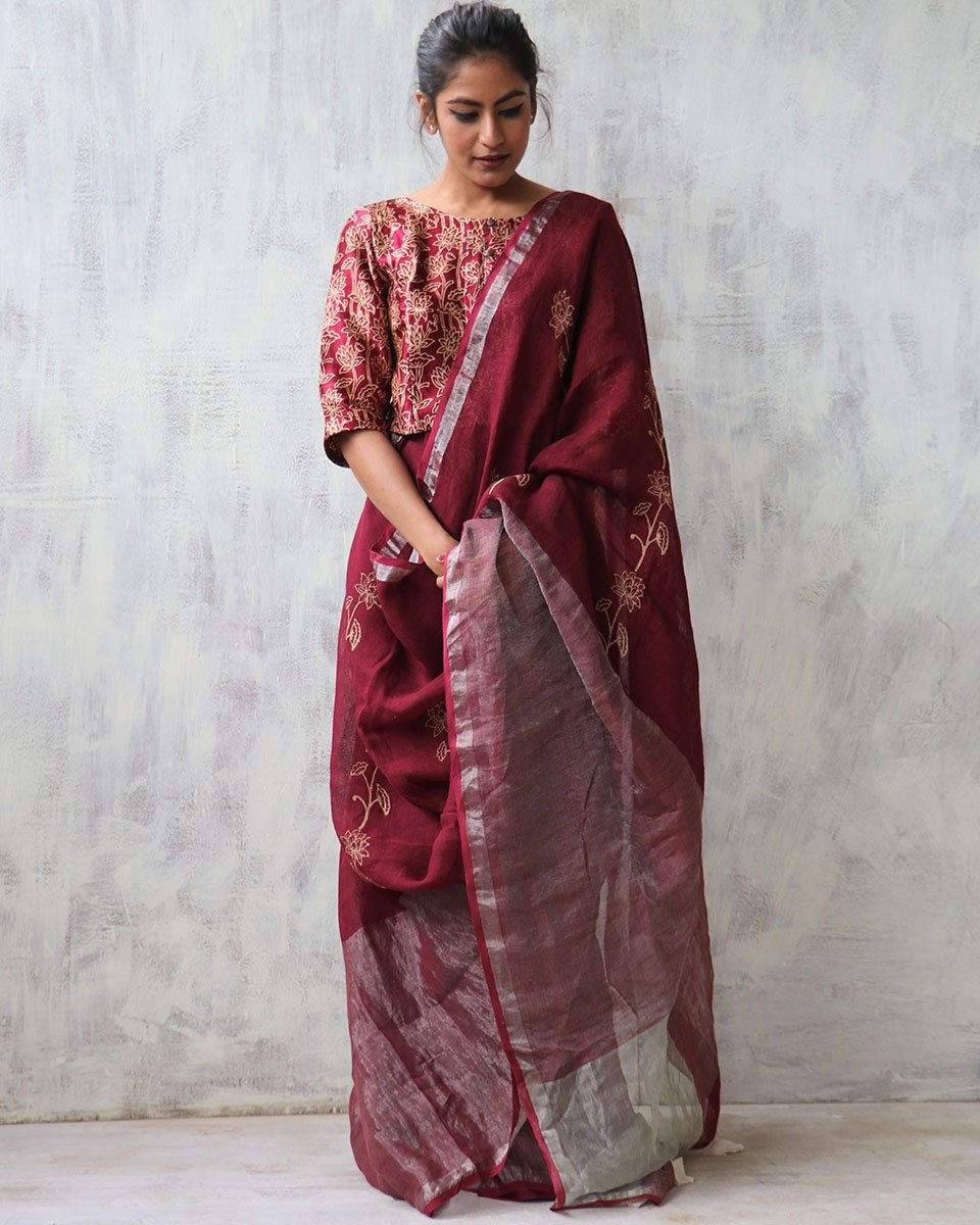 Maroon BlockPrinted Pure Handwoven Linen Zari Saree