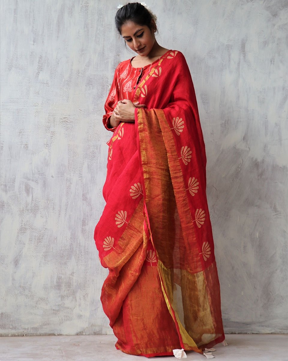 Red BlockPrinted Pure Handwoven Linen Zari Saree
