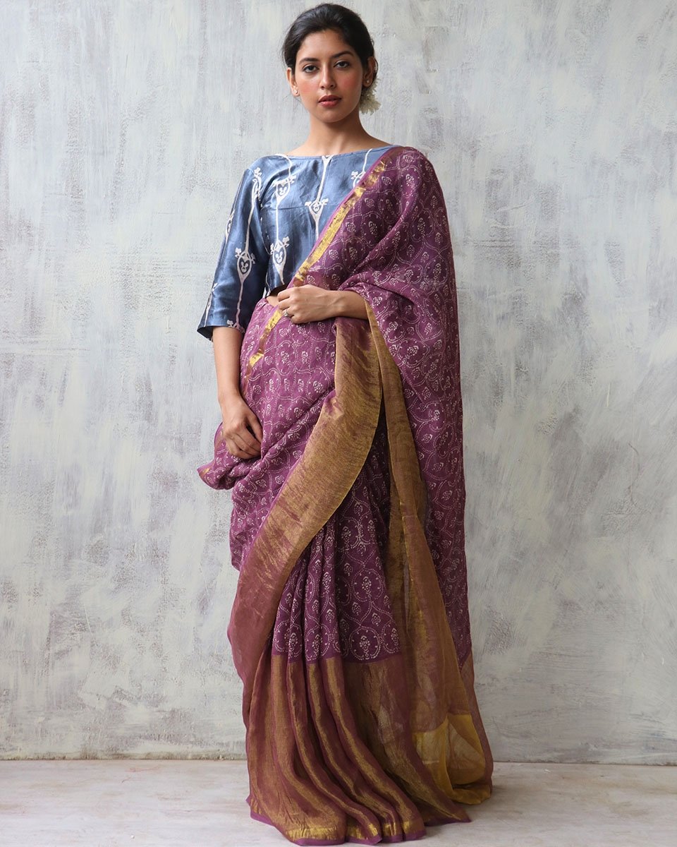 Mauve BlockPrinted Pure Handwoven Linen Zari Saree