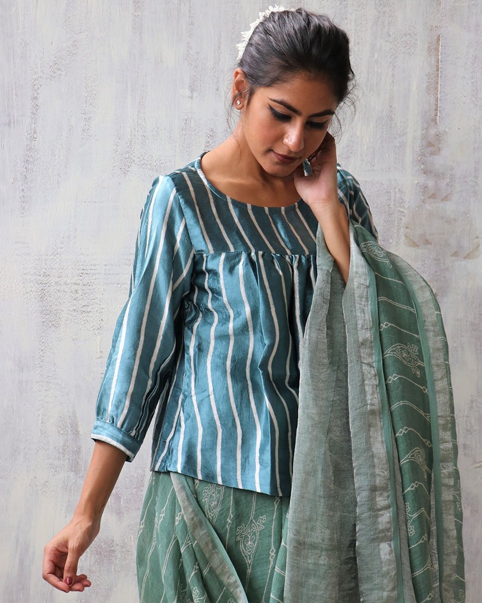 SEA GREEN BLOCKPRINT MASHRU TOP