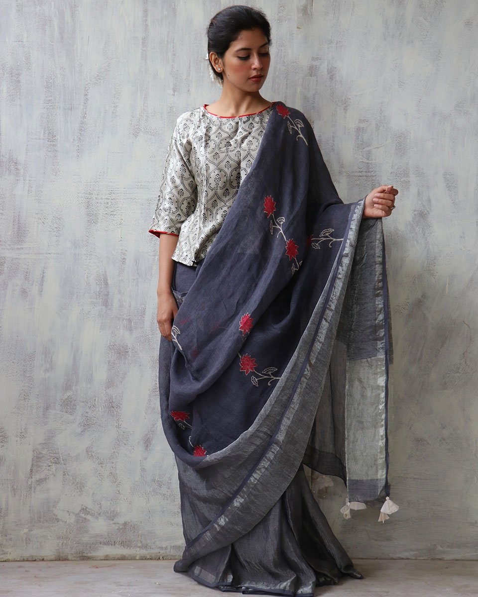 Grey BlockPrinted Pure Handwoven Linen Zari Saree