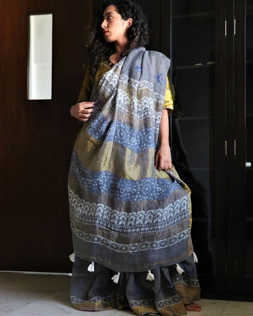 Gray Block Printed Pure Handwoven Linen Saree