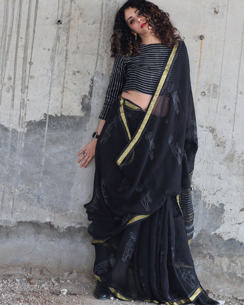 Black Block Printed Pure Handwoven Linen Saree