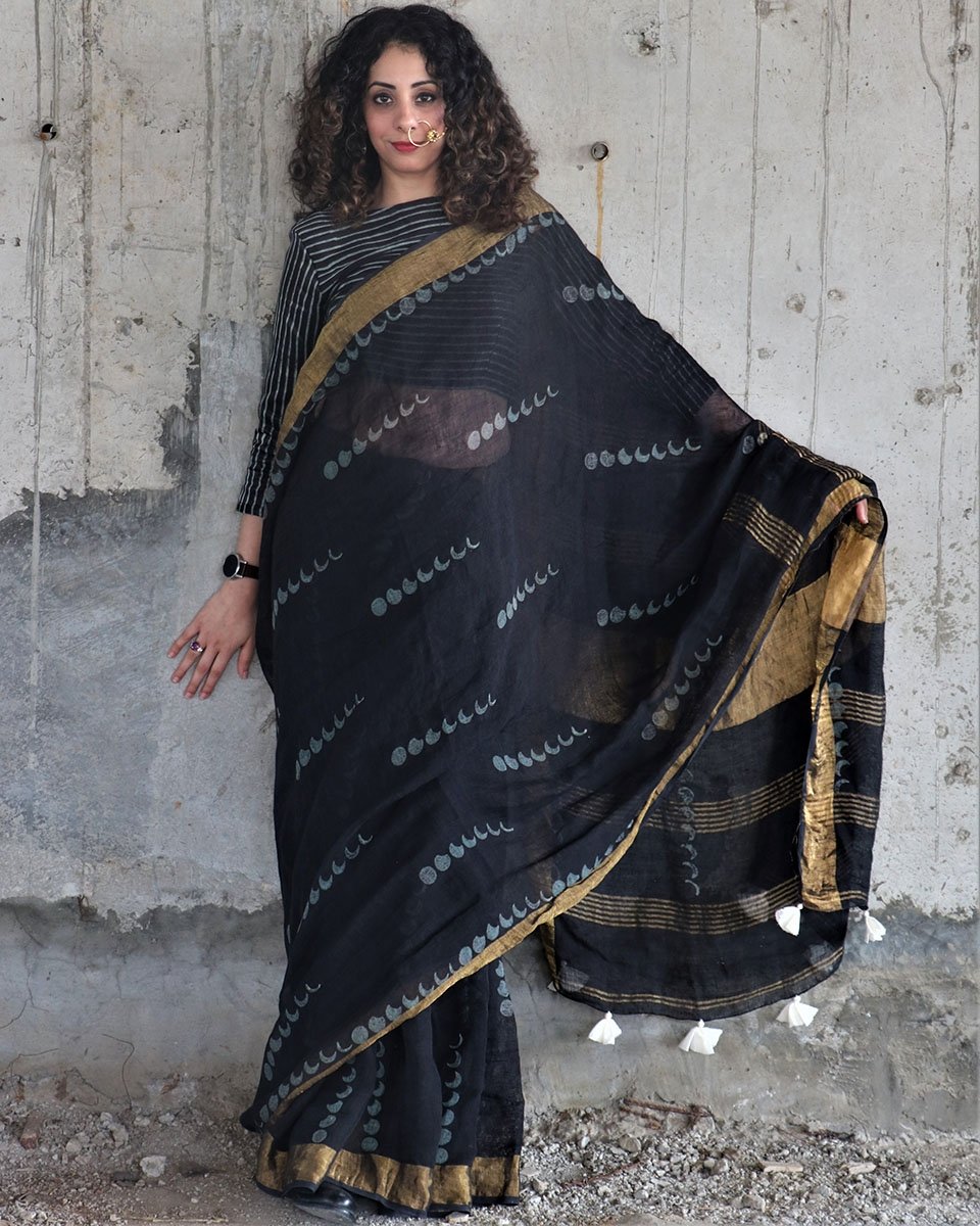 Black Block Printed Pure Handwoven Linen Saree