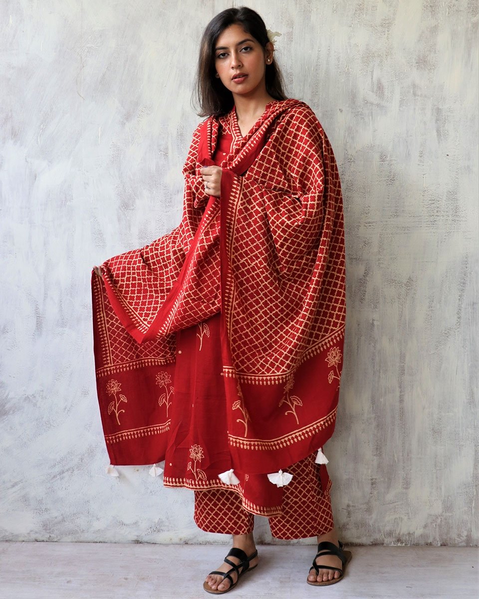 Chidiyaa Red Cotton Silk Dupatta