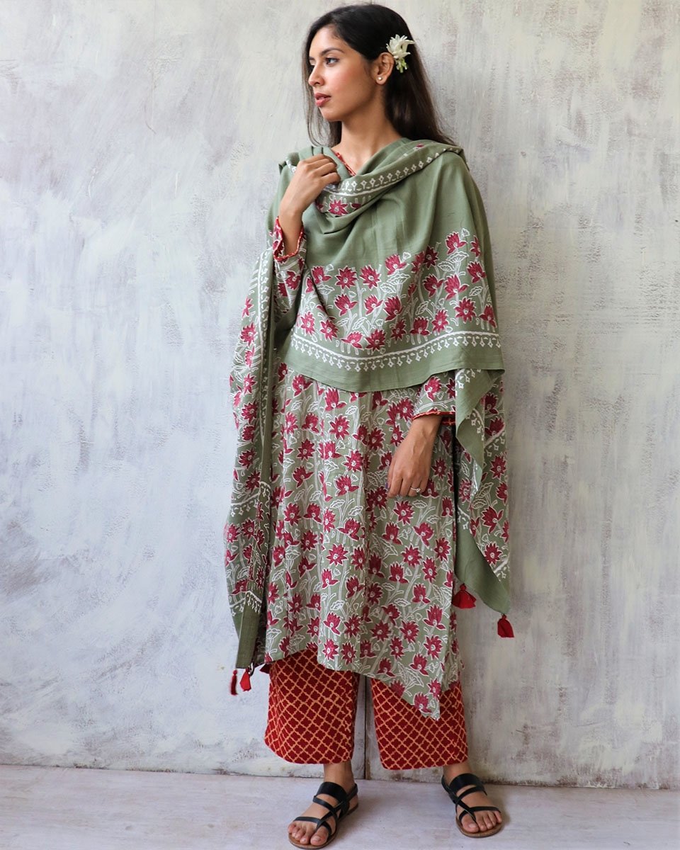 Chidiyaa Green Cotton Silk Dupatta