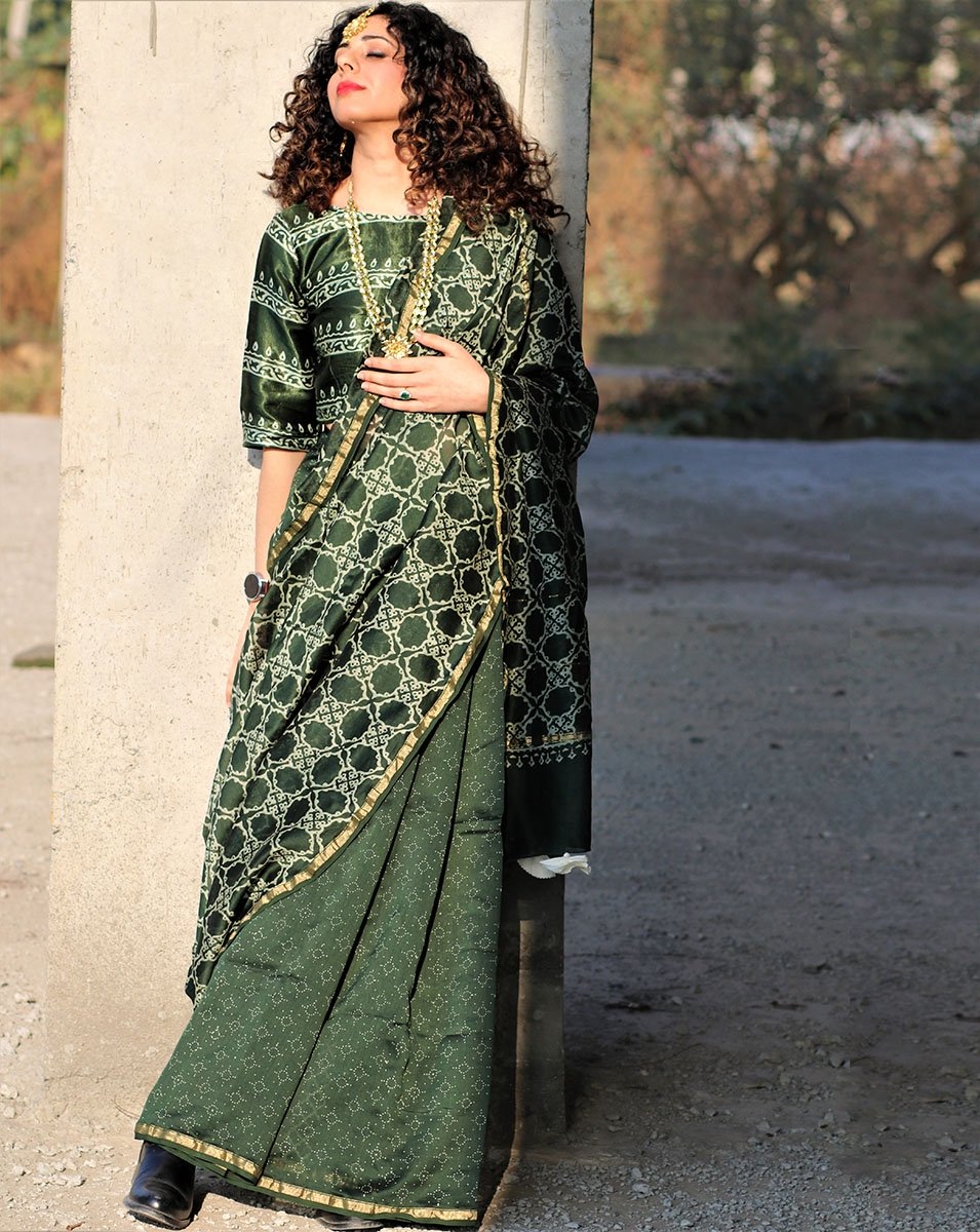 Chidiyaa Green Jal Block Printed Pure Chanderi Saree