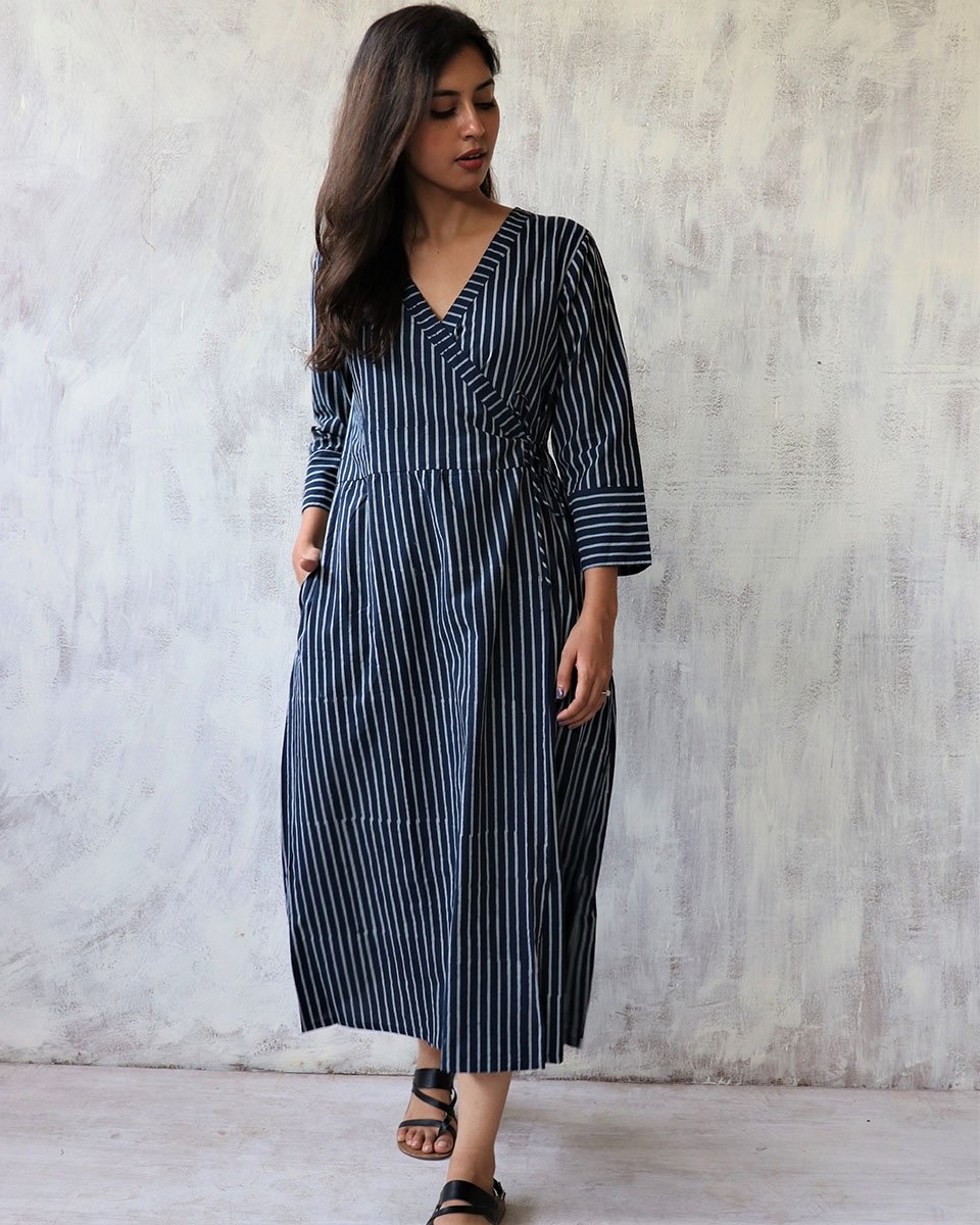 BLUE STRIP HANDPRINTED WRAP DRESS
