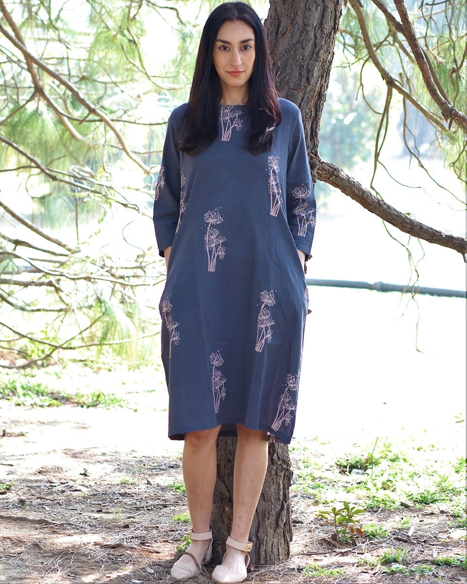 Grey wildflower blockprinted cotton dress